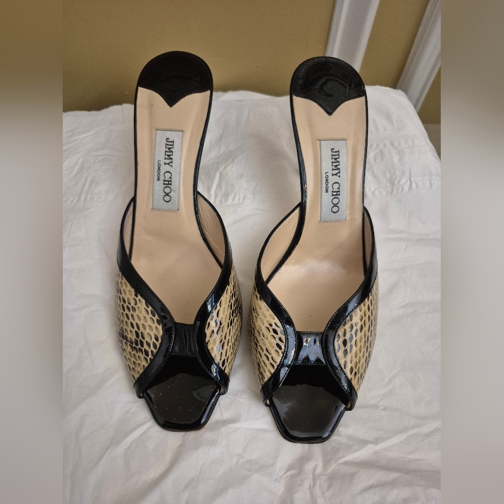 Jimmy Choo Black and Cream Snakeprint Open Toe Pumps Size 41/ US 10